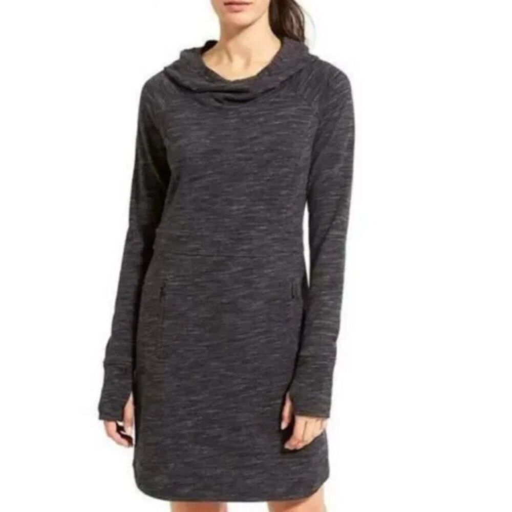 ATHLETA Gray Space Dye Sz XS Stretchy POWER DOWN Hooded Athletic Thumbhole Dress